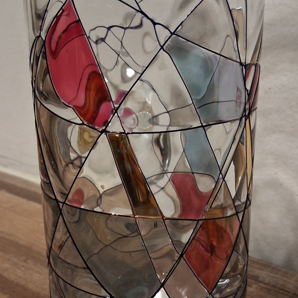 Vintage Mosaic Stained Glass Water Pitcher Mouth Blown Crystal Romania